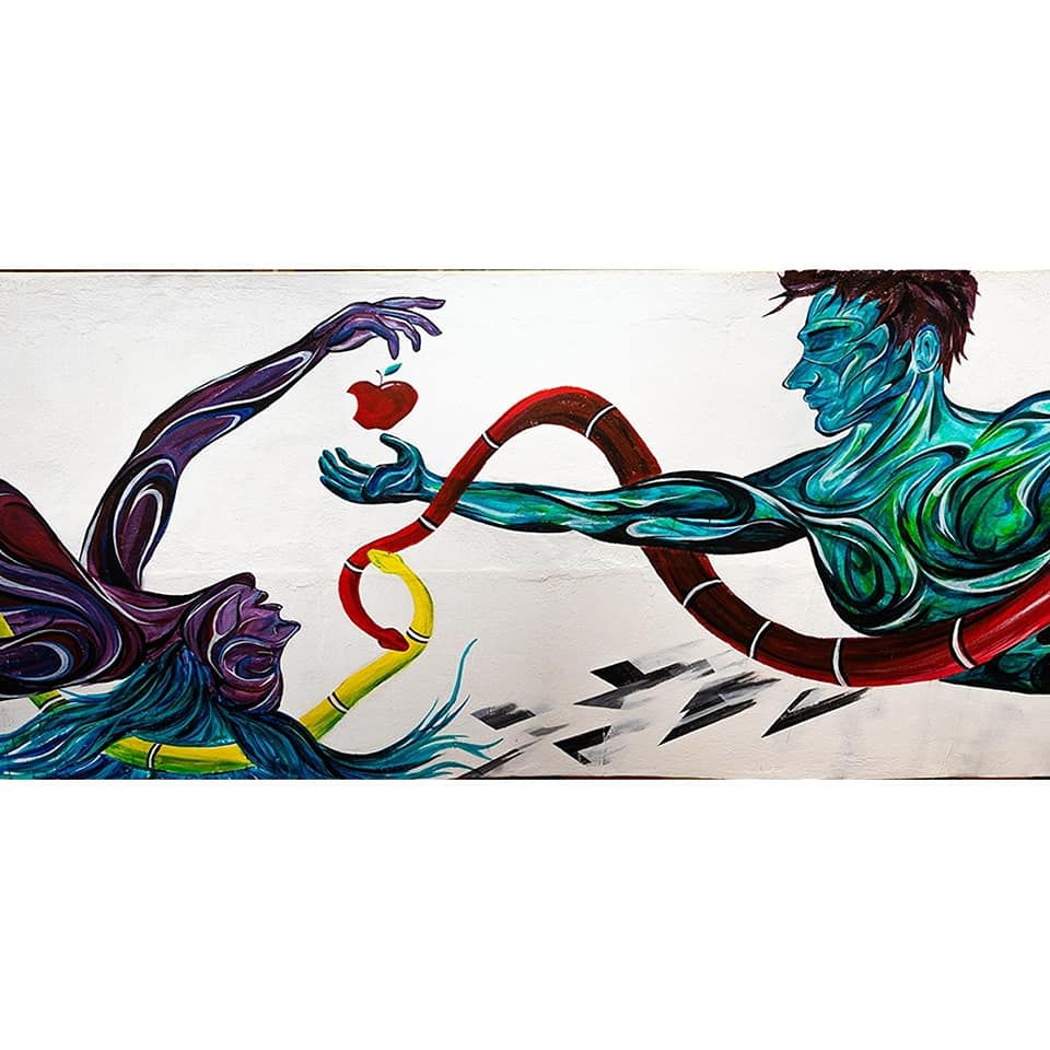 Stylized mural of two figures reaching toward a red apple with a serpent woven between them