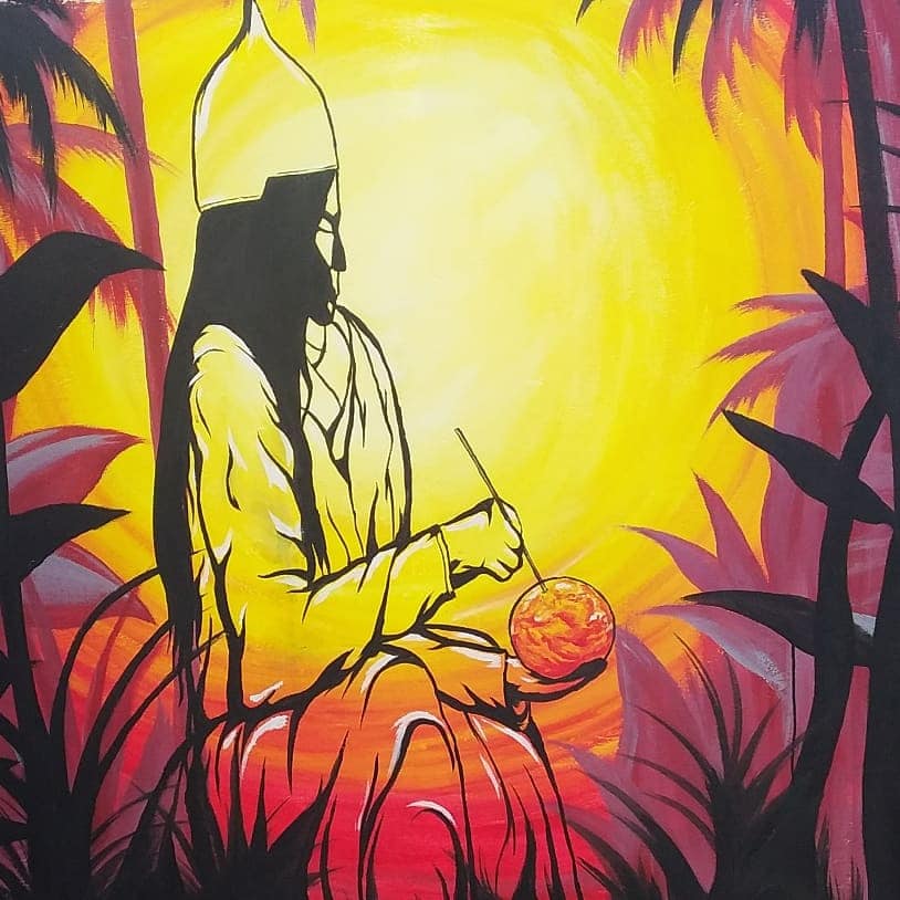 Vibrant mural-style painting of a figure creating art beneath a golden sun